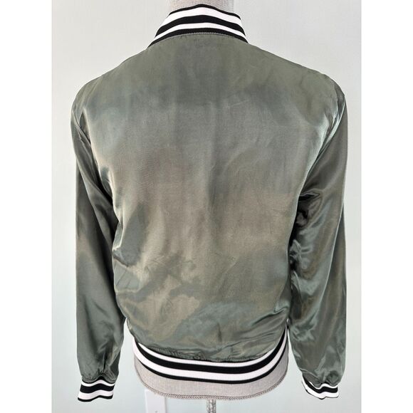New Look Olive Green Satin Bomber with Striped Ribbed Trim Jacket size Small - Picture 2 of 8